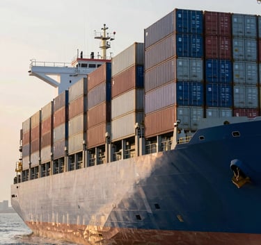 A large, modern cargo ship being loaded at a busy port in a Middle Eastern / Gulf region. Huge stacks of shipping containers in Oceanic Blue and Mist Grey. Golden hour lighting creates a trustworthy and powerful atmosphere.