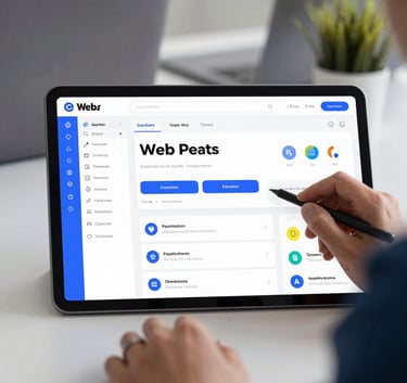 A modern office setting with a developer interacting with a high-end web platform dashboard on a tablet, with clean aesthetic and #71A2B6 color accents.