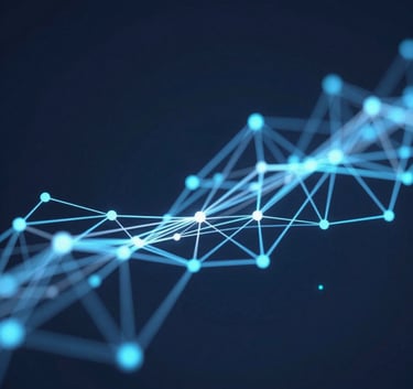 An abstract 3D digital visualization of interconnected nodes and glowing data streams against a deep #1A2E35 background, representing innovation and technical expertise.