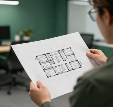 Close-up photography of a professional consultant in a European / French office examining building plans. The scene is sophisticated and modern, with a Dark Navy and Teal color scheme in the professional attire and office decor.