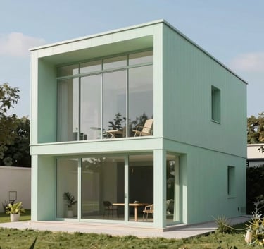 An exterior view of a sustainable, modern European / French house during a clear day. The architecture features clean lines, large glass panels, and energy-efficient materials. The surrounding landscape is a soft Pale Mint green.