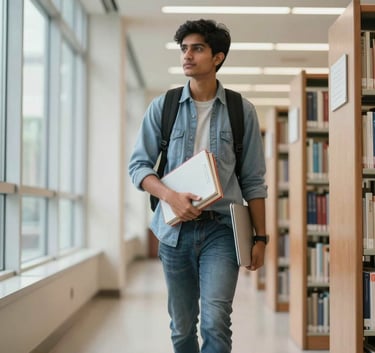 A confident South Asian student carrying textbooks and a laptop, walking through a modern university library with large windows and bright, soft lighting.