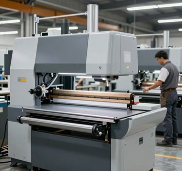 Interior view of a modern furniture manufacturing facility in the US, featuring clean lines, advanced woodworking machinery, and craftsmen in professional attire, silver and slate gray accents.