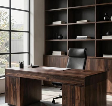 A sophisticated North American home office featuring a custom-built dark walnut desk and minimalist shelving, soft sunlight through large windows, charcoal black and soft pearl color palette, professional photography style.