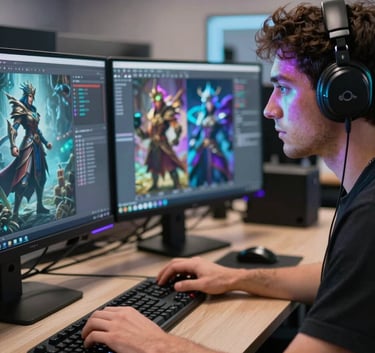 A focused game developer in a high-tech North American / US studio environment, working on a dual-monitor setup showing fantasy character designs, with electric purple and neon cyan light reflecting on their face.