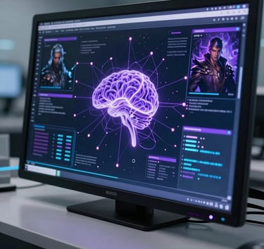 A cinematic shot of a futuristic data terminal in a North American / US tech lab, displaying complex neural networks and fantasy character portraits in electric purple and midnight navy hues.