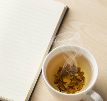 Top-down view of a steaming cup of herbal tea and an open notebook on a light wooden table. The aesthetic is clean and serene with pale frost tones.