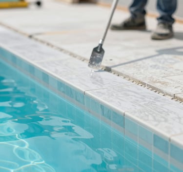 A close-up shot of a swimming pool under construction, showing precision tiling and expert masonry work. Clean, bright, and organized workspace with #2D728F highlights.