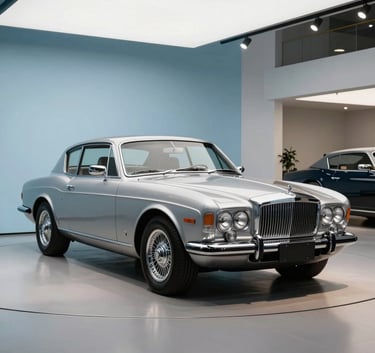 A pristine vintage silver luxury coupe parked inside a minimalist modern showroom with light blue accents, professional studio lighting, North American / European Luxury Automotive Market.