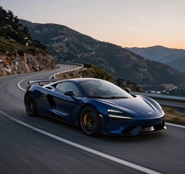 A high-performance navy blue sports car speeding along a winding mountain road at dusk, cinematic lighting, motion blur on the wheels, North American / European Luxury Automotive Market.