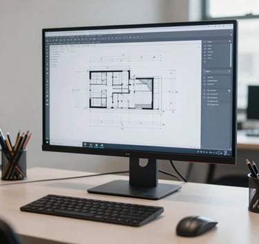 A professional North American architectural drafting studio, featuring a minimalist workspace with a large monitor displaying complex technical drawings, soft natural light, and a sophisticated muted blue and off-white palette.