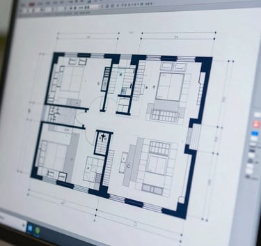 Close-up of high-resolution CAD software on a screen showing intricate architectural floor plans, with dark navy and light blue-grey lines representing structural details in a professional North American office.