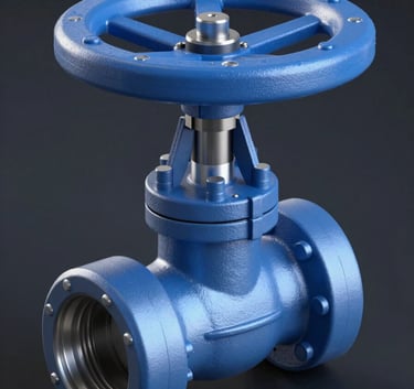 A 3D technical rendering of a high-pressure ball valve, showing a cross-section of the internal mechanism. The aesthetic is clean and modern, using #8FA6BC and #3C5F7F for the metallic components against a dark, professional gradient background.