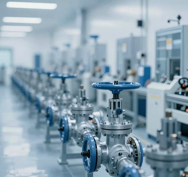 A wide shot of a modern, clean industrial manufacturing plant floor where valves are being assembled. The lighting is bright and professional, emphasizing the sterile and organized environment. Subtle blue tones (#8FA6BC) are present in the machinery.