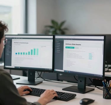 A professional developer working at a desk with dual monitors in a modern European / French tech office, the room is filled with soft natural light and features pale mist gray accents.