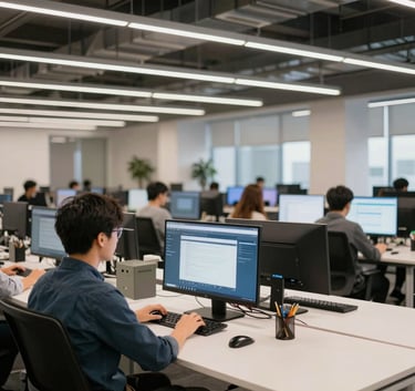 A wide, bright shot of a modern European / French open-plan office with large windows, minimalist furniture in deep slate blue, and a professional atmosphere.