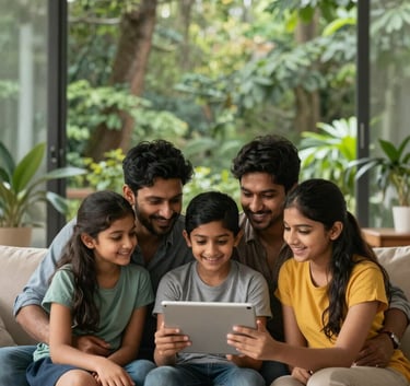 A happy South Asian / Indian family sitting together in a modern home, reviewing investment growth on a tablet, surrounded by forest green decor.
