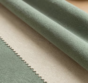 Macro photography of high-quality textile swatches in sage green and cream, showing rich texture and weave. Soft, warm indoor lighting in a North American home studio setting.