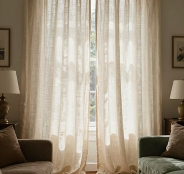 A sun-drenched North American living room featuring floor-to-ceiling cream linen drapes softly diffusing the morning light. The setting is elegant and comfortable, with refined furniture in muted brown and sage green tones. High-quality photography, soft focus on the window details.