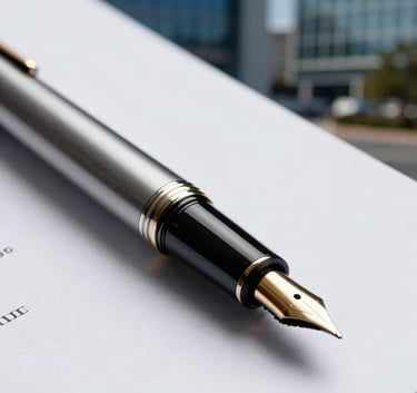 A close-up shot of a high-quality fountain pen resting on a crisp white document, with a blurred corporate office background in midnight blue and steel blue tones, suggesting precision and legal expertise.