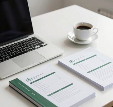 A clean, modern workspace featuring a sleek laptop, a cup of coffee, and organized paper files with forest green accents in a bright, professional setting with soft natural light.