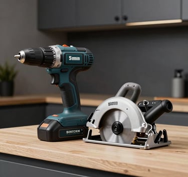 A high-end cordless drill and a circular saw resting on a light cloud workbench, modern minimalist workshop setting with deep slate cabinetry, professional photography.