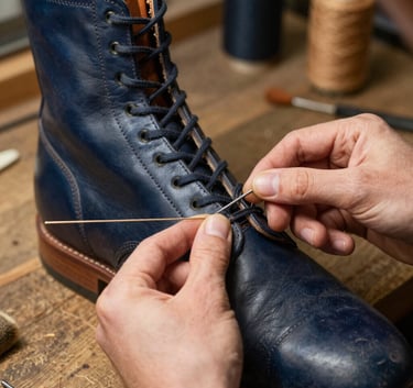 A detail shot of skilled hands in a Northern European / Swedish workshop using a traditional needle and thick thread to repair the sole of a high-quality leather boot, midnight blue and burnt orange color tones.