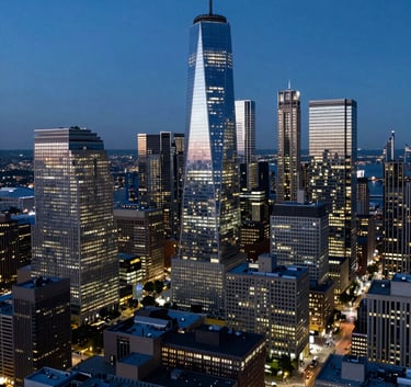 An aerial panoramic view of a North American financial district at twilight. The scene is dominated by deep blue shadows and the cool white lights of glass skyscrapers, conveying a sense of authoritative global presence.