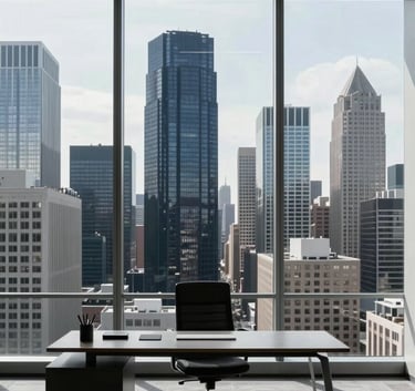 An interior shot of a sophisticated North American executive office with expansive floor-to-ceiling windows. The composition uses the rule of thirds, showing a minimalist desk and a view of a clean, modern city skyline in shades of dark blue and silver.