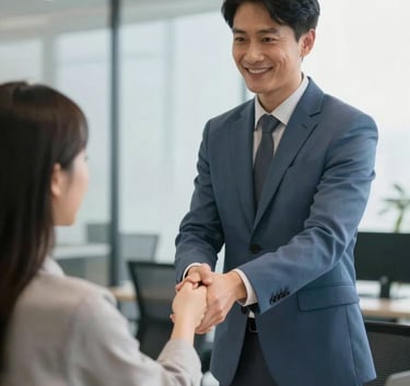 A professional advisor in a Slate Blue suit shaking hands with a client in a bright, modern North American office, conveying trust and partnership.