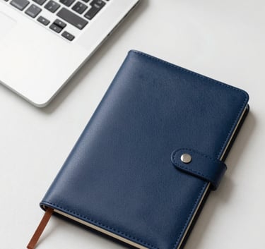 A top-down view of a clean desk with a modern slim laptop and a professional navy blue leather notebook in a North American office setting, bright and clear photography style.