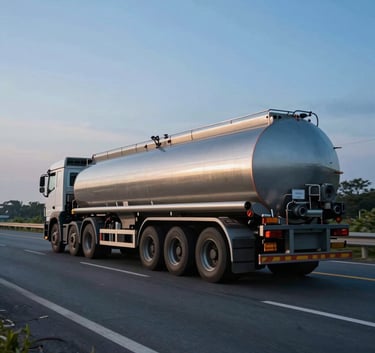 A large fuel tanker truck driving on a modern Indonesian highway during blue hour, cinematic lighting with blue and soft grey tones, sharp focus, professional photography.