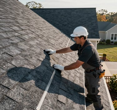 A professional roofing contractor in North American / US attire inspecting a high-end residential roof. The lighting is crisp morning sun, emphasizing a clean, modern aesthetic and the deep slate and charcoal colors of the shingles.