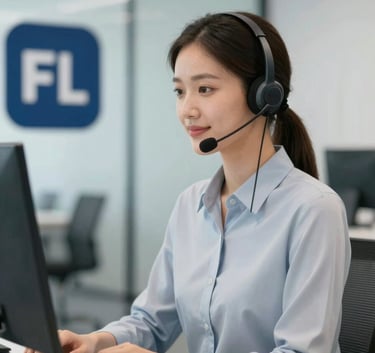 A professional telemarketing agent wearing a high-end headset, working in a modern, minimal office with glass walls, soft Navy Blue branding in the background.