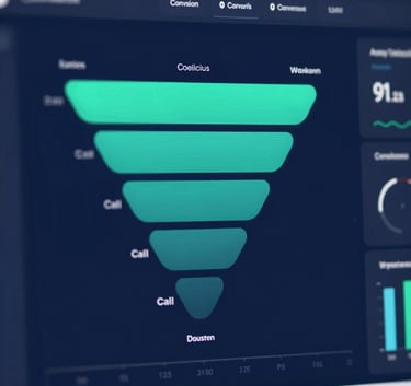 A sophisticated data visualization dashboard showing call conversion funnels and performance metrics in Navy and Teal colors, modern and clean style for a C-suite presentation.