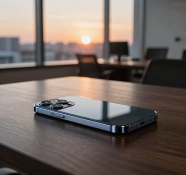 A professional photography shot of a sleek smartphone resting on a dark wood table in a modern US office space, reflections of a sunset in the window, sophisticated and clean composition.