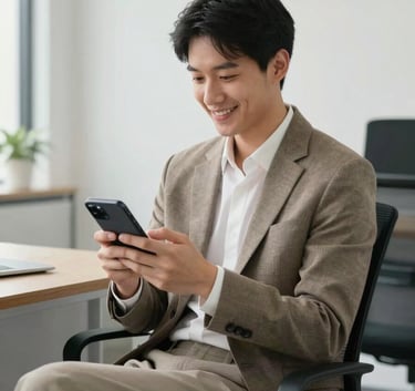 A professional in their early thirties sitting in a minimalist North American office, smiling while using a mobile device, dressed in business casual attire, bright and airy atmosphere.