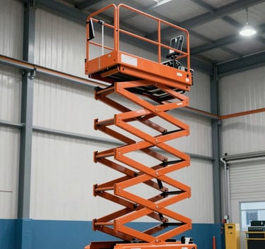 A bright orange electric scissor lift extended high inside a modern industrial warehouse in Spain / Mediterranean. Clean lighting, professional setting with blue and white accents.