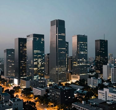 A wide-angle view of the Gurugram business district skyline at dusk, highlighting modern architecture and office lights. The color profile is adjusted to emphasize cool tones of #0A192F and #8FA6BE for a professional vibe.