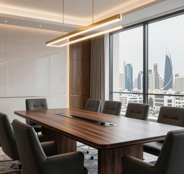 A modern and luxurious boardroom in Baghdad with a view of the city skyline, featuring dark wood and charcoal furniture, gold lighting fixtures, and a clean minimalist aesthetic.