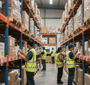 A professional logistics distribution center in South America, showing organized shelving and a clean environment with workers in high-visibility uniforms, soft daylight.