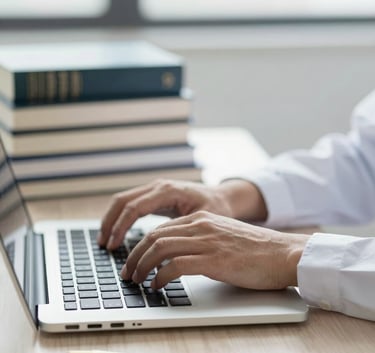 A close-up of a researcher's hands typing on a laptop next to a stack of academic books in a bright, modern office. Soft light reflecting off a gold pen on the desk. Professional and studious vibe.