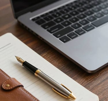 A high-end professional desktop view with a black laptop, a gold-nibbed fountain pen on a scholarly manuscript, and a leather notebook. Cinematic lighting emphasizing the gold and black professional color scheme.