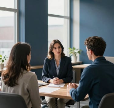 A wide-angle photography shot of a reassuring financial consultation. A professional advisor sits across from a couple in a clean, contemporary Canadian office. Soft sunlight streams through large windows, with decor in dark blue and steel blue accents, creating an atmosphere of empathy and competence.