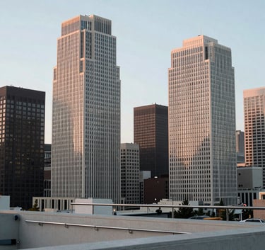 A serene photography shot of a modern North American urban skyline at dawn. The lighting is soft and hopeful, with a focus on stable architecture and clean lines. The composition uses a palette of light blue-grey and off-white to evoke a sense of a fresh, secure beginning.