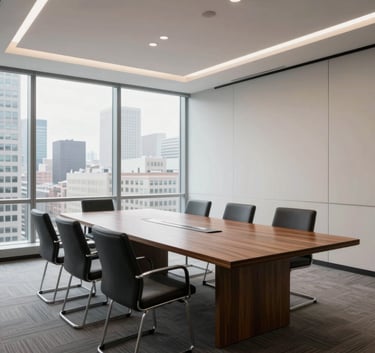 Professional wide-angle photograph of a modern law firm conference room in North America, floor-to-ceiling windows with a city view, large mahogany table, White and Pale Gray color scheme, soft natural lighting.