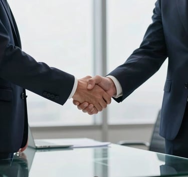 Close-up photography of two business professionals in dark navy attire shaking hands across a glass desk in a bright North American office, emphasizing trust and collaboration.