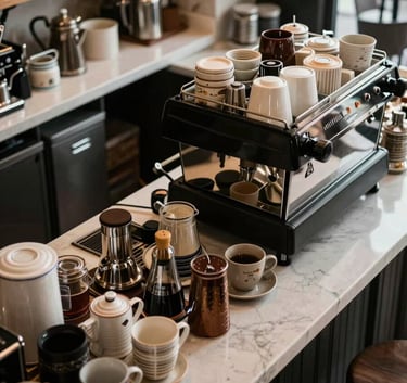 An overhead shot of a cluttered, poorly organized coffee bar, contrasting with the brand's minimalist aesthetic. Turkish / Anatolian cafe setting, showing common operational mistakes.