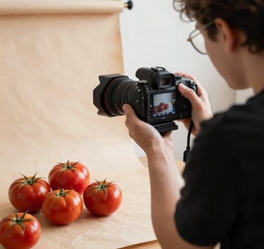 Behind-the-scenes photography of a digital marketing team planning a social media shoot in a cozy Scandinavian studio; a professional camera is aimed at a Deep Ripe Crimson tomato arrangement on a Crisp Parchment backdrop.