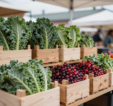 A vibrant outdoor shot of a modern food market in Northern Europe, showing crates of organic kale and deep crimson berries arranged artfully on wooden stalls under a soft, overcast sky.
